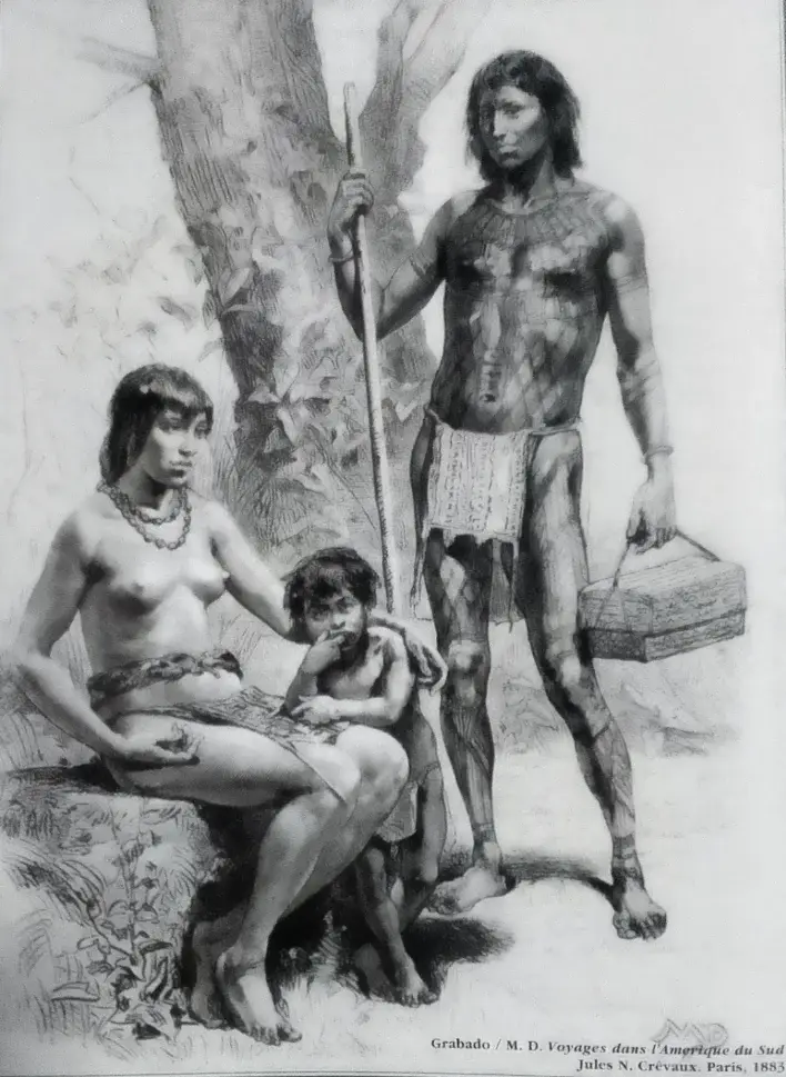 Familia indígena. Grabado. M. D. Voyages dans L'Amerique du Sud. Jules N. Crevaux. Paris, 1883. (p. 16) Pino Iturrieta, E. (Coord.). (2006). Historia Global de Venezuela: Vol. I. Venezuela Precolombina y época colonial. Editorial Globe. ISBN 980-6427-14-9. Depósito Legal: lf 816200590052.A. CC-BY-NC-ND 4.0