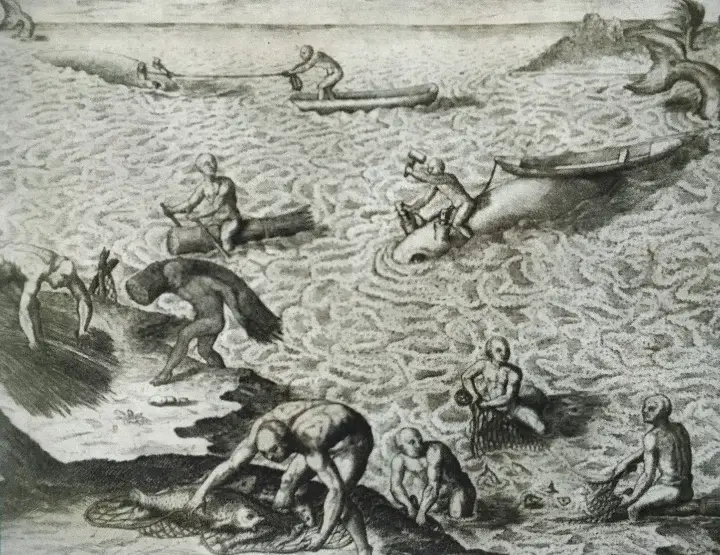 «De una pesca extraña de los indios». Grabado. Grands Voyages - Americae, 1618 - 1630. Theodore de Bry. (p. 28) Pino Iturrieta, E. (Coord.). (2006). Historia Global de Venezuela: Vol. I. Venezuela Precolombina y época colonial. Editorial Globe. ISBN 980-6427-14-9. Depósito Legal: lf 816200590052.A. CC-BY-NC-ND 4.0