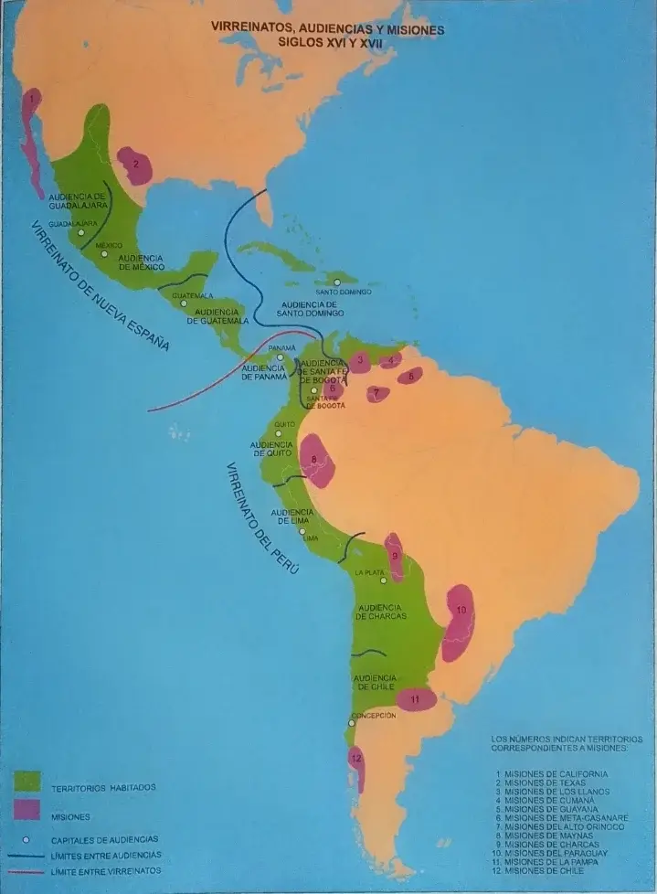 Mapa con las ubicaciones de las Audiencias y sus jurisdicciones. (p. 153) Pino Iturrieta, E. (Coord.). (2006). Historia Global de Venezuela: Vol. I. Venezuela Precolombina y época colonial. Editorial Globe. ISBN 980-6427-14-9. Depósito Legal: lf 816200590052.A. CC-BY-NC-ND 4.0
