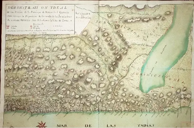 ‎"Demostración ideal de una porción de la provincia de Venezuela o Caracas, para reconocer la disposición de los límites de las predicciones de Caracas, Valencia, San Sebastián y la villa de Cura". Mapa parcial de la provincia de Venezuela. Signatura: MP-VENEZUELA, 94 ‎Fecha Creación:Probable 1734 ‎Código de Referencia: ES.41091. ‎AGI/6.4.30//MP-VENEZUELA,94 ‎Archivo General de Indias.