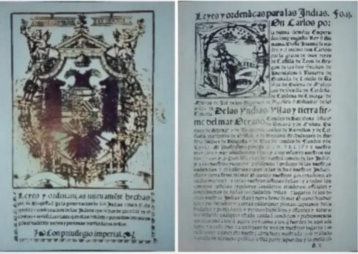 Reproducción de la portada y de una página de la compilación de Leyes y Ordenanzas para las Indias ordenada por el emperador Carlos V en 1543, donde se establecen las normas que regían los sistemas de encomiendas, repartimiento a y mitad. Biblioteca Nacional. Madrid. CC-BY-NC-ND 4.0