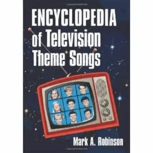 Encyclopedia of Television Theme Songs book cover featuring a retro red TV displaying nine character portraits against a dark blue starry background.